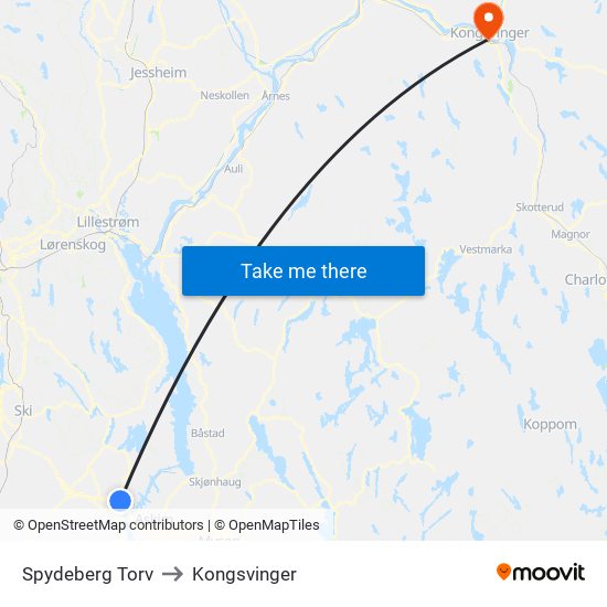 Spydeberg Torv to Kongsvinger map