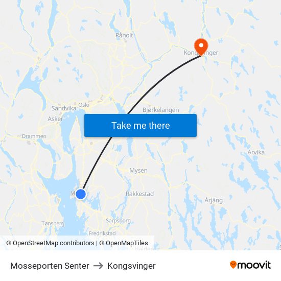 Mosseporten Senter to Kongsvinger map