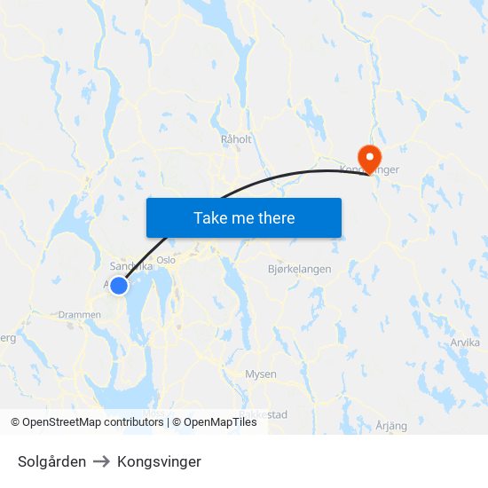 Solgården to Kongsvinger map