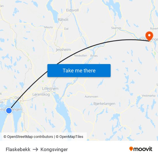 Flaskebekk to Kongsvinger map