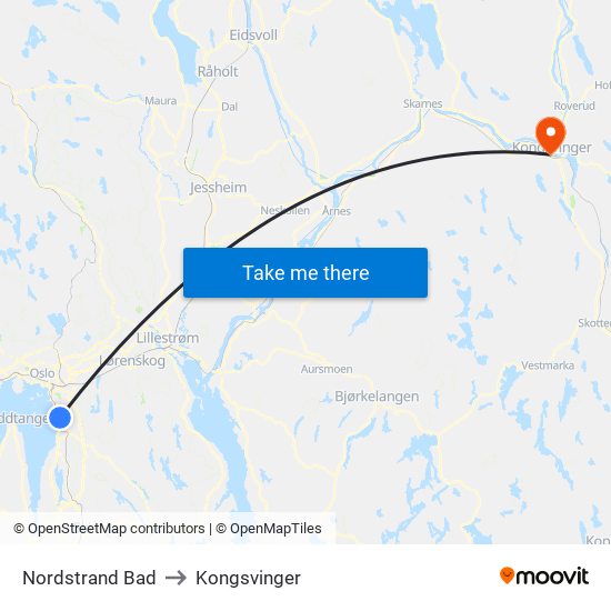 Nordstrand Bad to Kongsvinger map