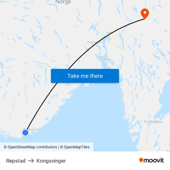 Repstad to Kongsvinger map