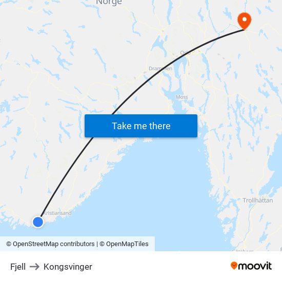 Fjell to Kongsvinger map