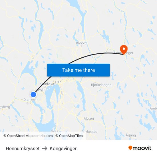 Hennumkrysset to Kongsvinger map