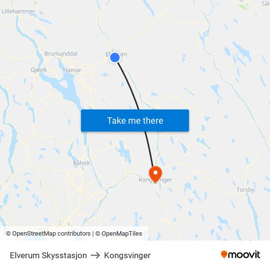 Elverum Skysstasjon to Kongsvinger map