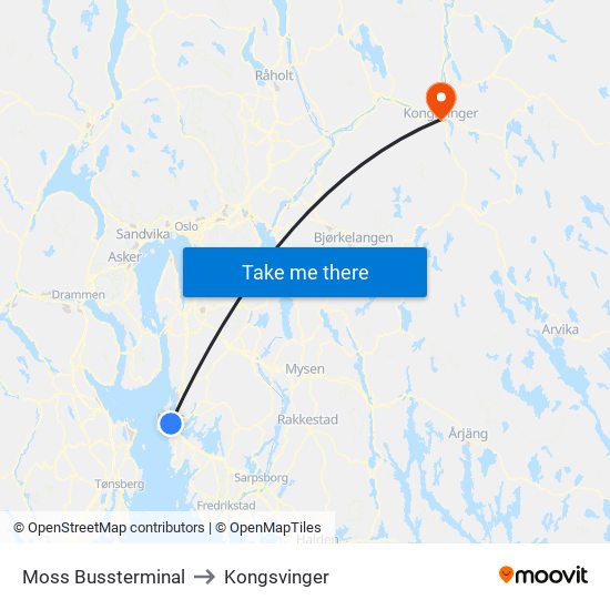 Moss Bussterminal to Kongsvinger map