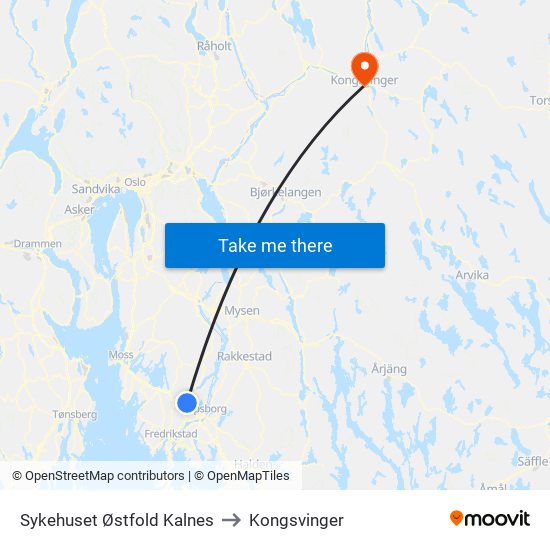 Sykehuset Østfold Kalnes to Kongsvinger map