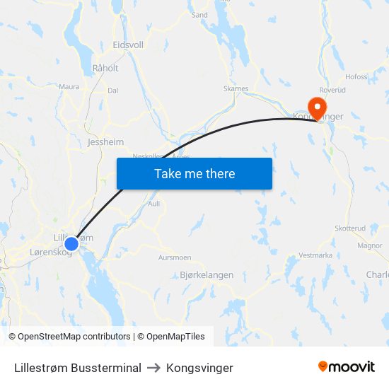 Lillestrøm Bussterminal to Kongsvinger map