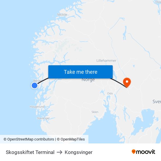 Skogsskiftet Terminal to Kongsvinger map