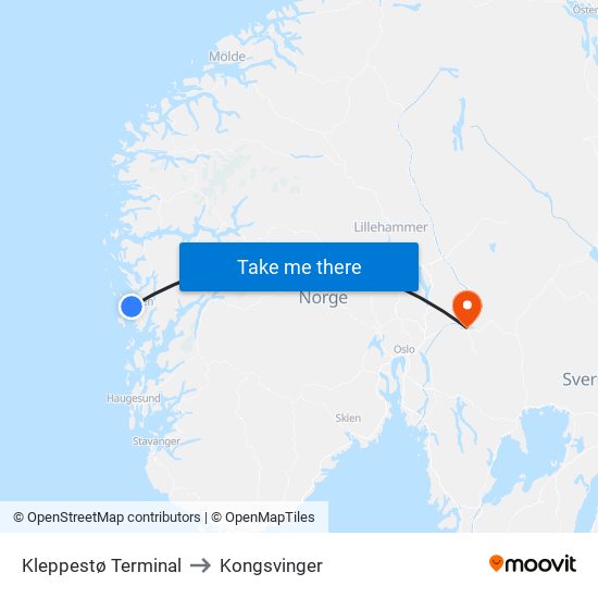 Kleppestø Terminal to Kongsvinger map