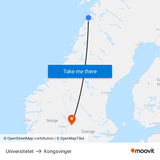 Universitetet to Kongsvinger map