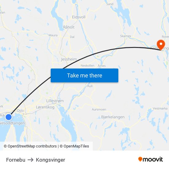 Fornebu to Kongsvinger map