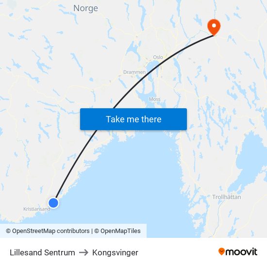 Lillesand Sentrum to Kongsvinger map