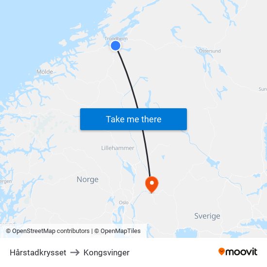 Hårstadkrysset to Kongsvinger map