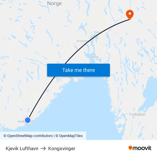 Kjevik Lufthavn to Kongsvinger map
