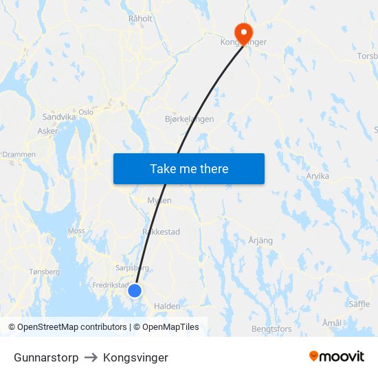 Gunnarstorp to Kongsvinger map