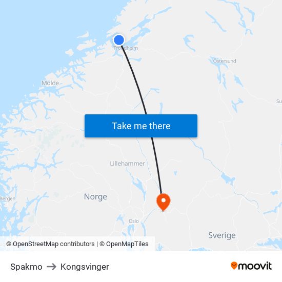 Spakmo to Kongsvinger map