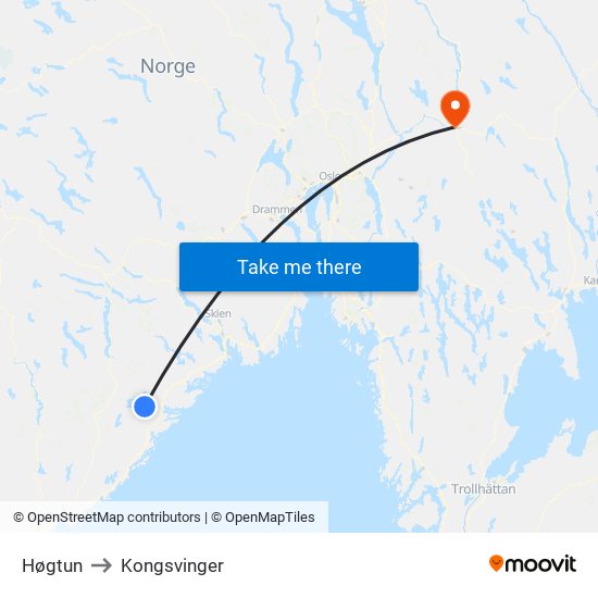 Høgtun to Kongsvinger map