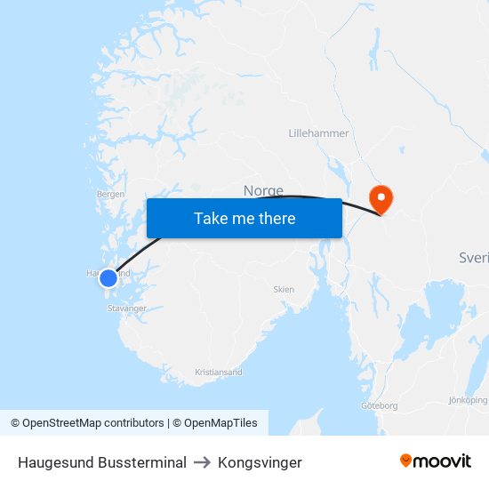 Haugesund Bussterminal to Kongsvinger map