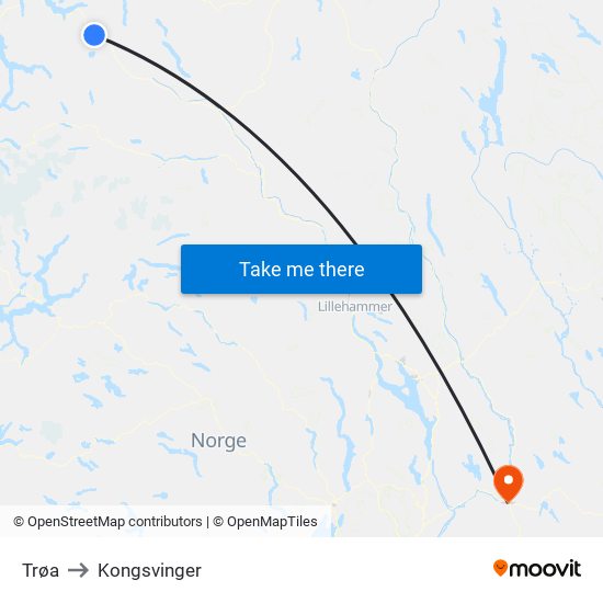 Trøa to Kongsvinger map