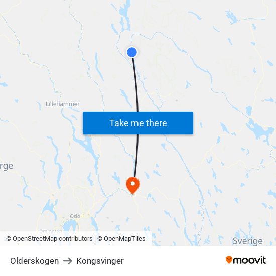 Olderskogen to Kongsvinger map