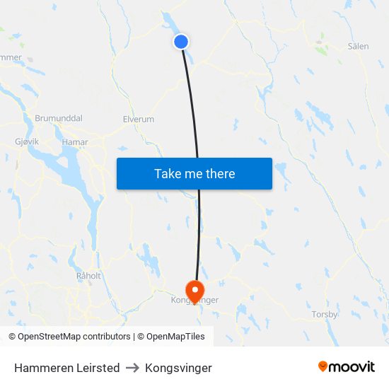 Hammeren Leirsted to Kongsvinger map