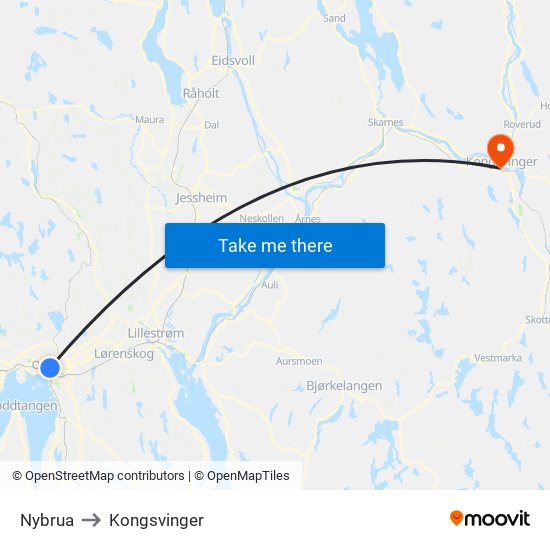 Nybrua to Kongsvinger map