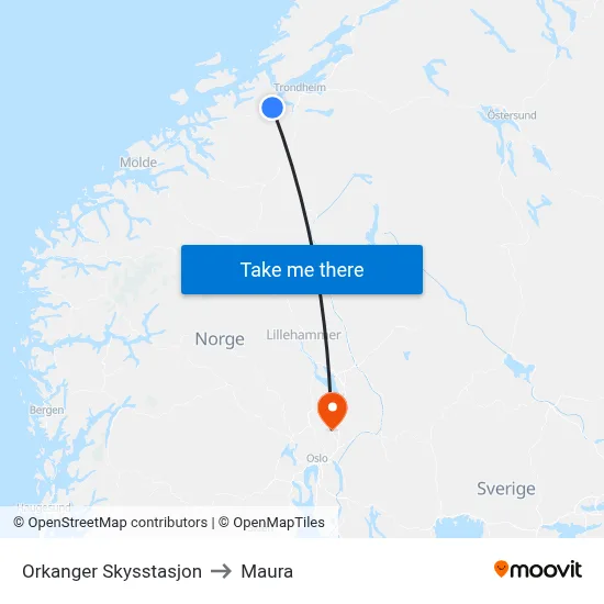 Orkanger Skysstasjon to Maura map