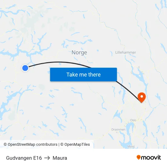 Gudvangen E16 to Maura map