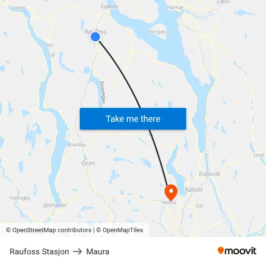 Raufoss Stasjon to Maura map