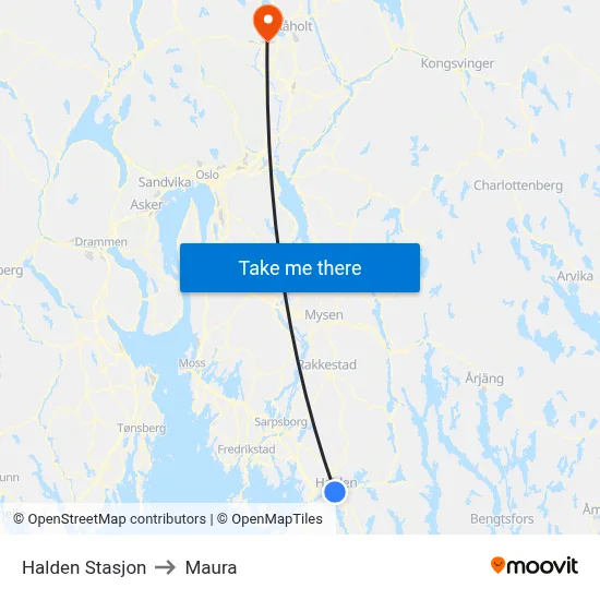 Halden Stasjon to Maura map