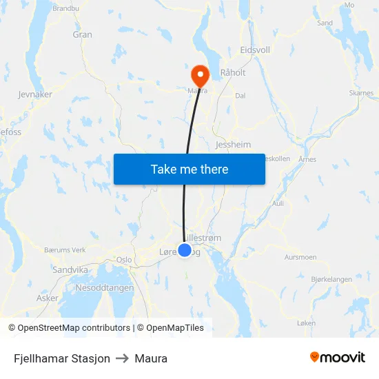 Fjellhamar Stasjon to Maura map