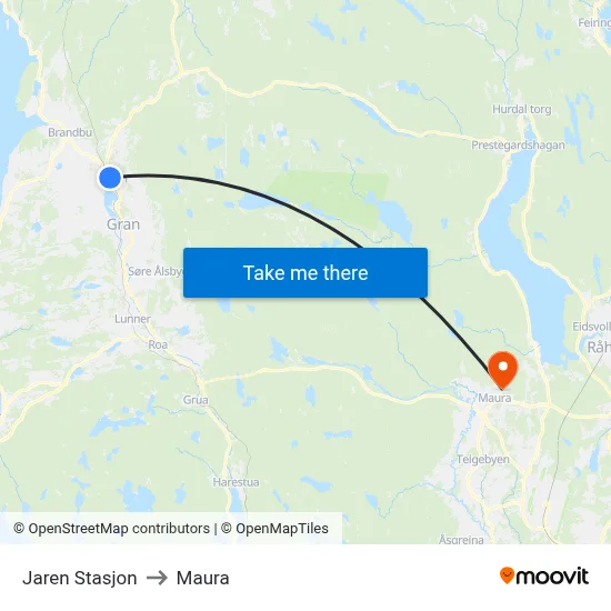 Jaren Stasjon to Maura map
