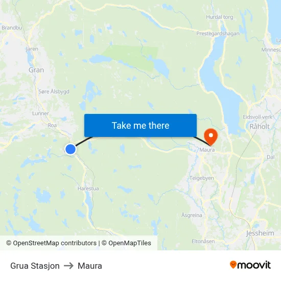 Grua Stasjon to Maura map