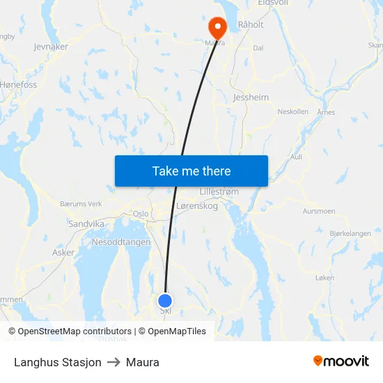 Langhus Stasjon to Maura map
