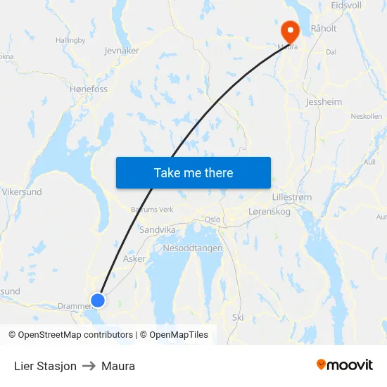 Lier Stasjon to Maura map