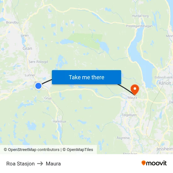 Roa Stasjon to Maura map