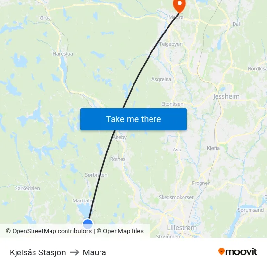 Kjelsås Stasjon to Maura map