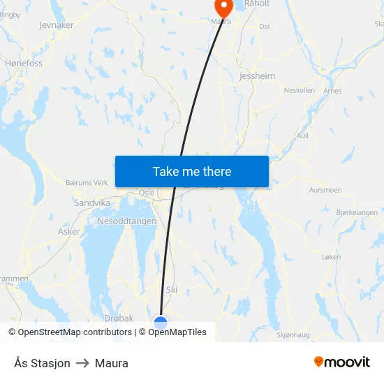 Ås Stasjon to Maura map