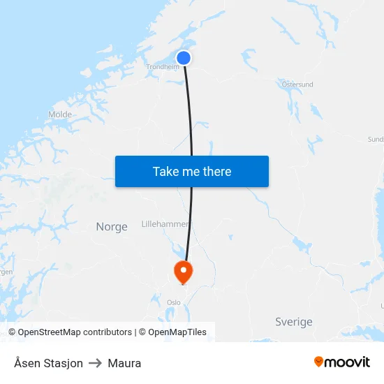 Åsen Stasjon to Maura map