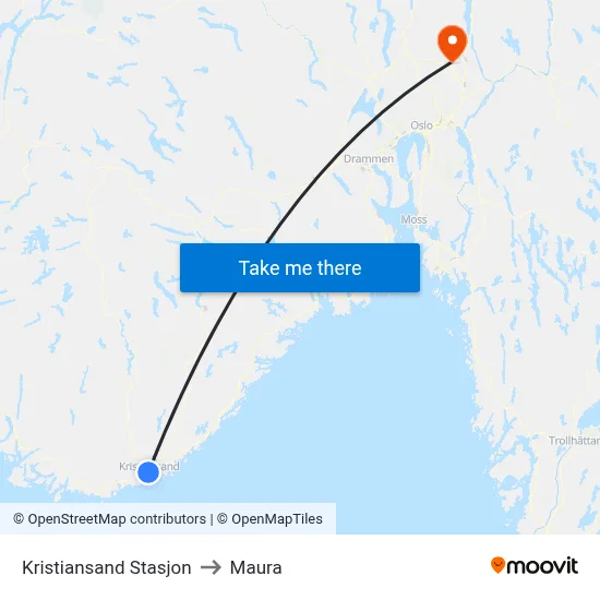 Kristiansand Stasjon to Maura map