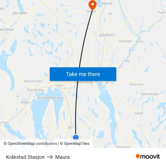Kråkstad Stasjon to Maura map