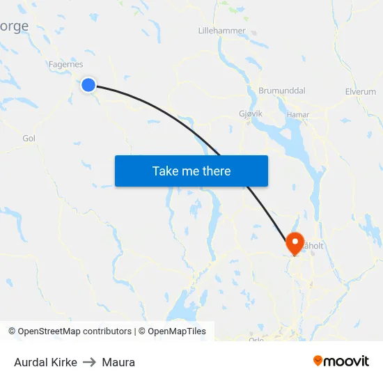 Aurdal Kirke to Maura map