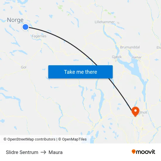 Slidre Sentrum to Maura map