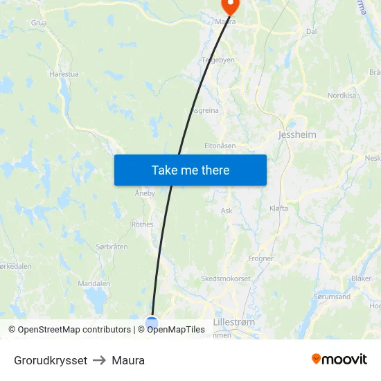 Grorudkrysset to Maura map