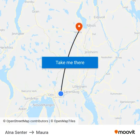 Alna Senter to Maura map