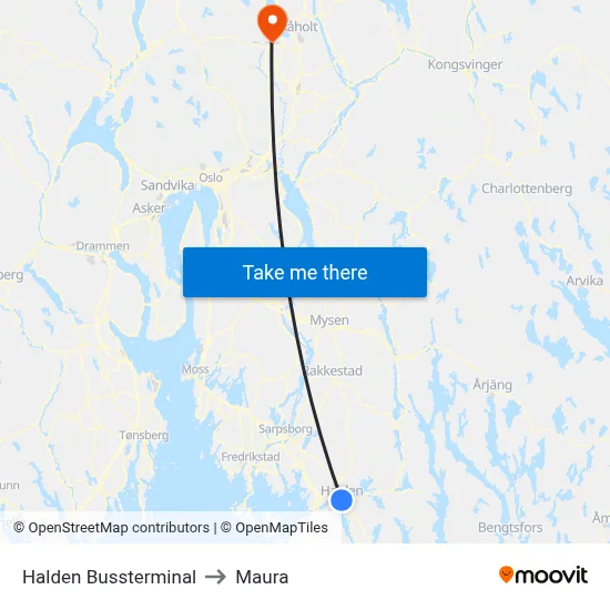 Halden Bussterminal to Maura map