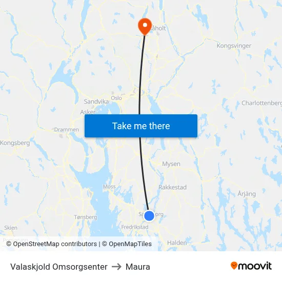Valaskjold Omsorgsenter to Maura map