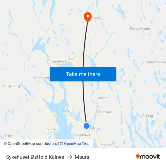 Sykehuset Østfold Kalnes to Maura map