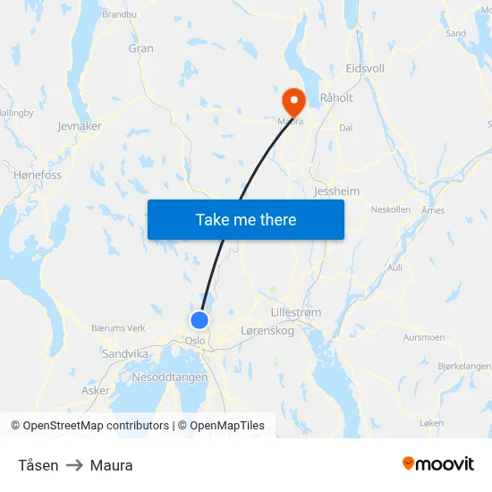 Tåsen to Maura map